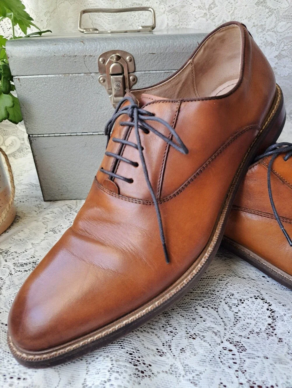 Aston Grey Leu Men's Oxford Dress Shoes Cognac Brown Leather Lace Up Size 11